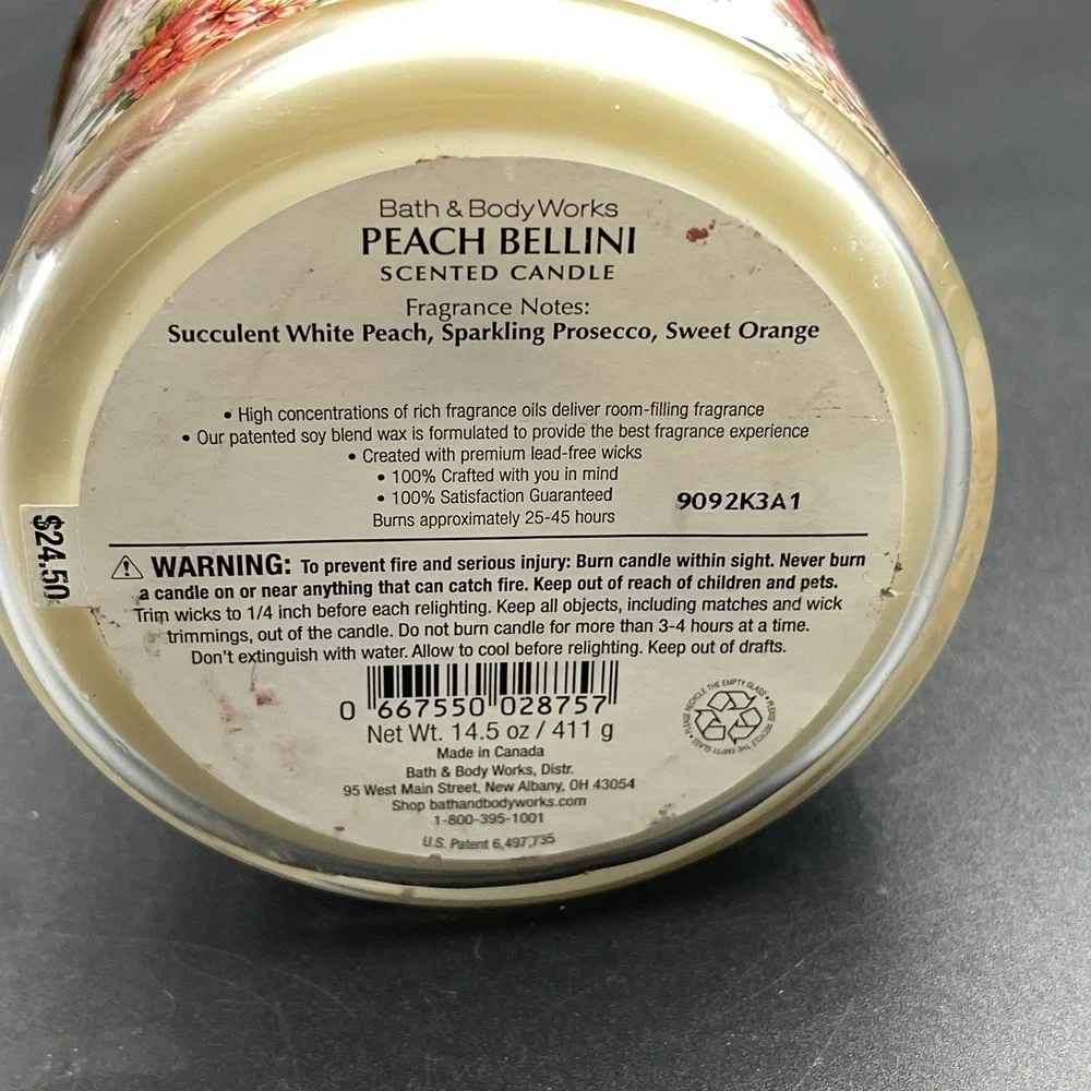 Bath‎ & Body Works Peach Bellini 3 Wick Candle Floral Lid 14.5 oz - Picture 6 of 6